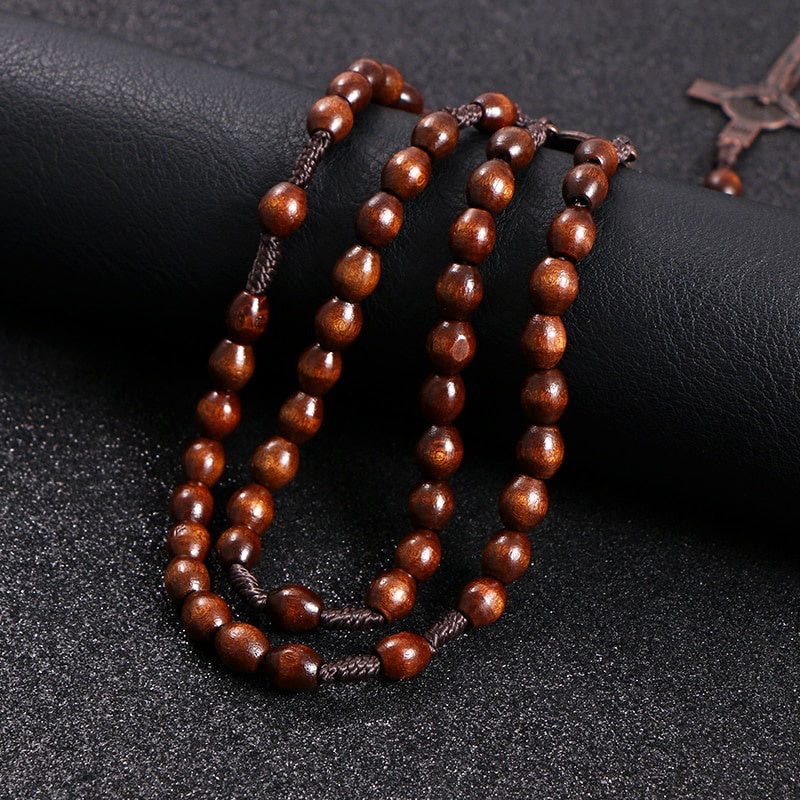 Wooden Bead Rosary Necklace