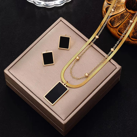 Square Pendant Necklace & Stud Earrings Set