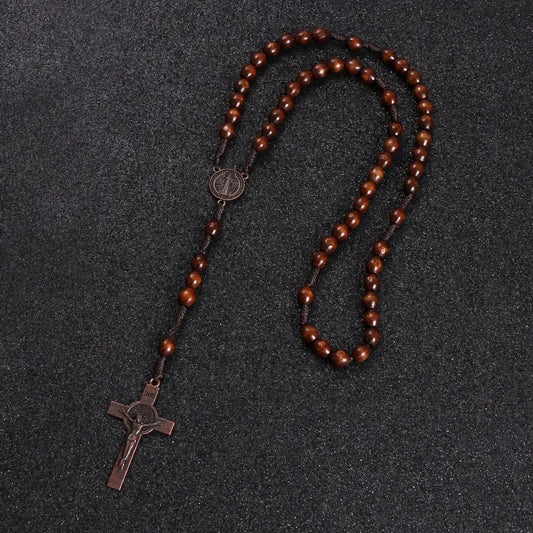 Wooden Bead Rosary Necklace