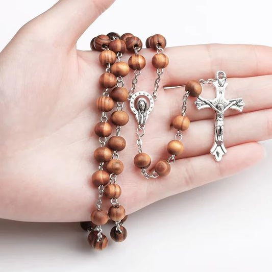 Wooden Rosary Cross Necklace