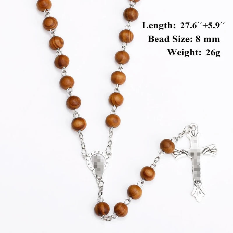 Wooden Rosary Cross Necklace