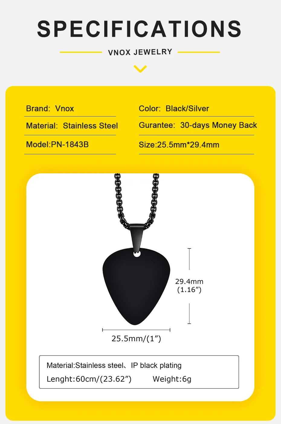 Vnox New Unique Guitar Pick Necklace for Men Boys, Stainless Steel Guitar Picks Pendant Collar to Music-lovers Gifts Jewelry