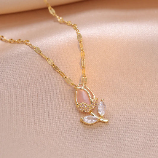 Pink Tulip Pendant Necklace