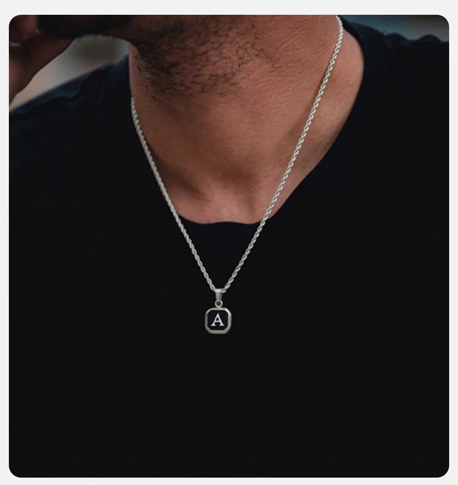 Vnox A-Z Initial Letters Men Necklaces, Geometric Pendant with Box Cuban Rope Chain, Stainless Steel Square Simple Collar