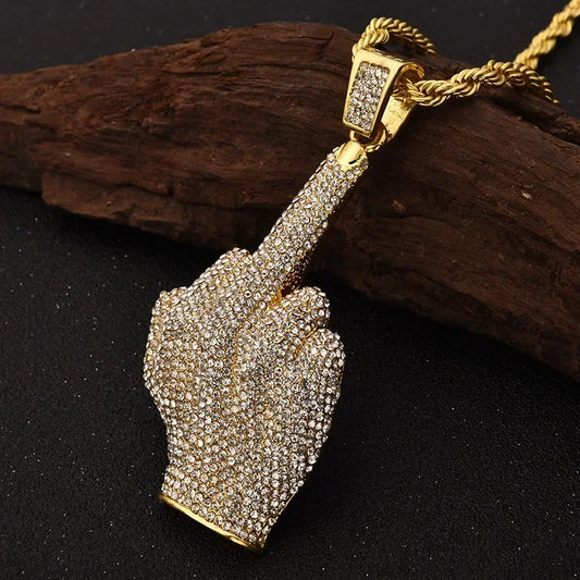 Ice Out Zircon Middle Finger Pendant Necklace