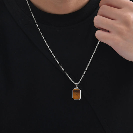 Trendy Pendant Necklaces for Men Boys,Square Natural Stone Stainless Steel Necklaces,New Hip Hop Cool Jewelry Gifts