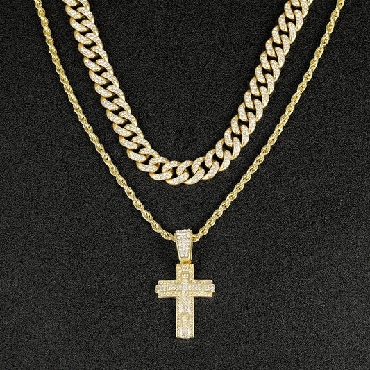 Shiny Cross Pendant Necklace with Miami Cuban Chain
