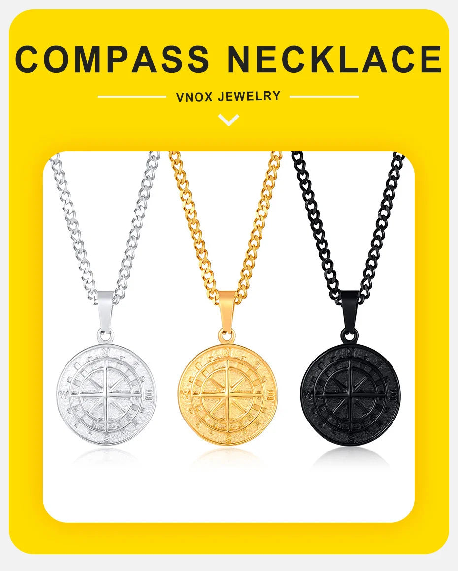 Vnox Compass Necklaces for Men, Layering Stacked Cuban Figaro Chain Necklaces, Casual Sailing Holiday Stainless Steel Boy Collar