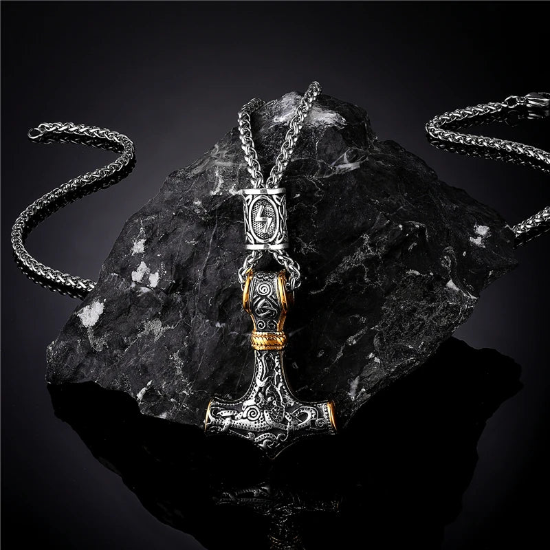 Norse Vikings Thor's Hammer Mjolnir Scandinavian Rune Amulet Necklace Stainless Steel Chain Vegvisir Anchor Pendant Male Jewelry