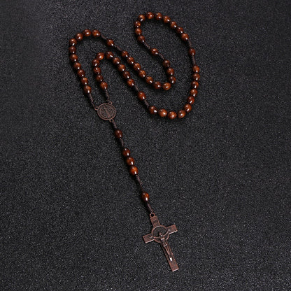 Wooden Bead Rosary Necklace