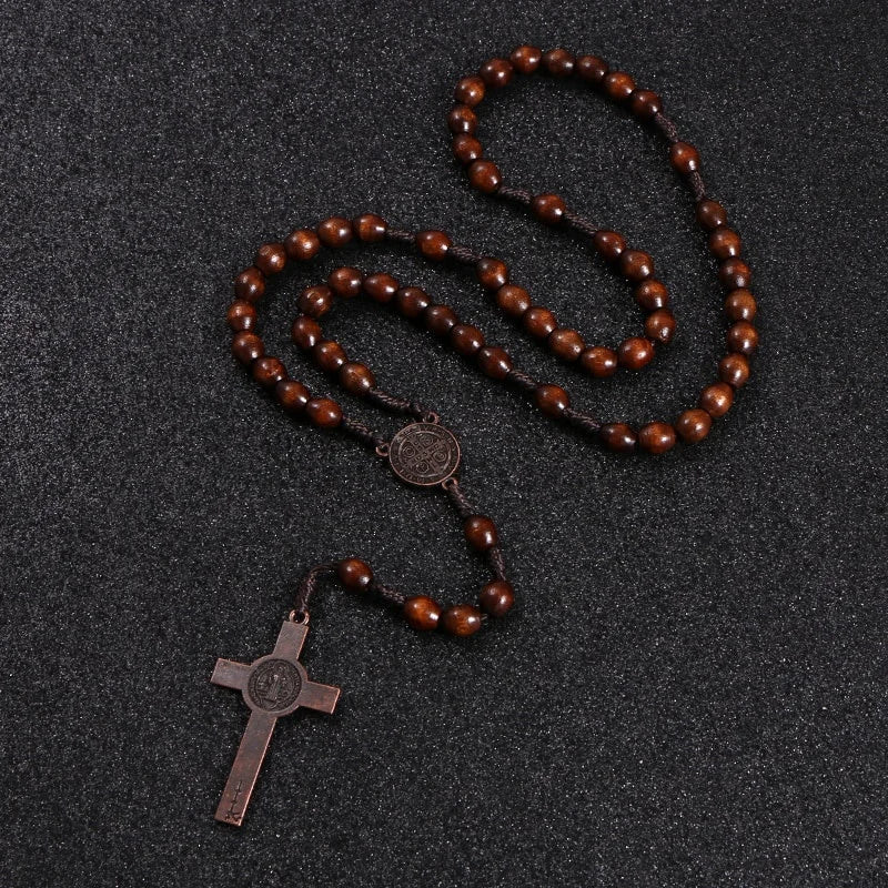 Wooden Bead Rosary Necklace