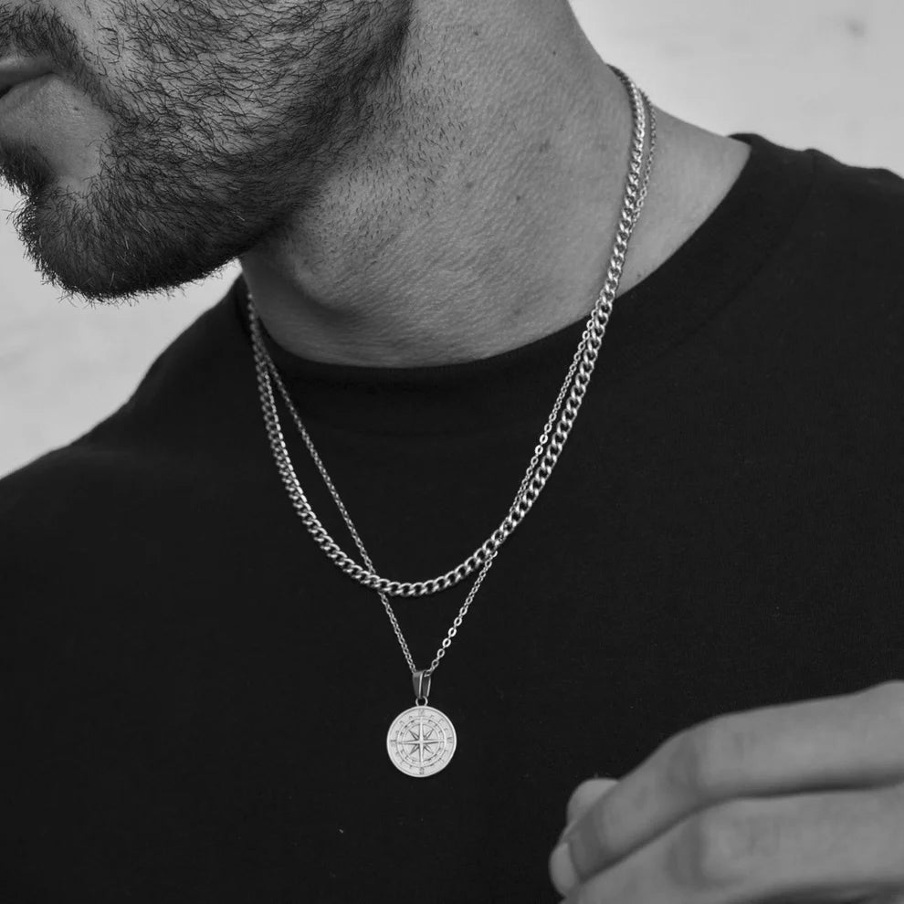 Vnox Compass Necklaces for Men, Layering Stacked Cuban Figaro Chain Necklaces, Casual Sailing Holiday Stainless Steel Boy Collar