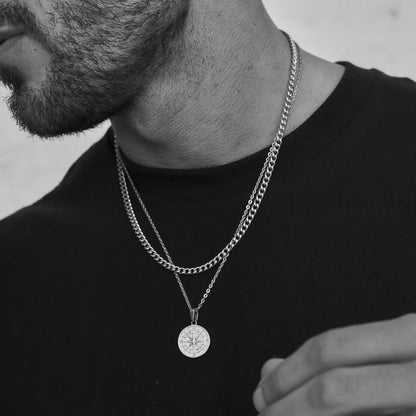 Vnox Compass Necklaces for Men, Layering Stacked Cuban Figaro Chain Necklaces, Casual Sailing Holiday Stainless Steel Boy Collar