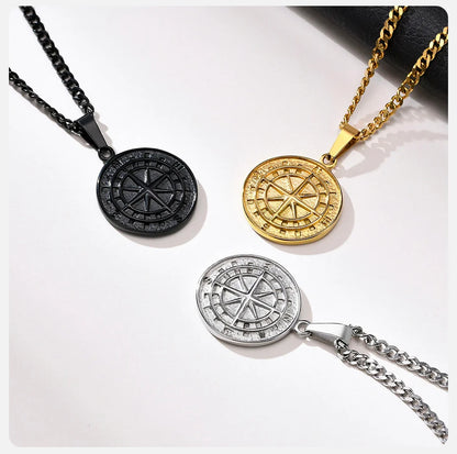 Vnox Compass Necklaces for Men, Layering Stacked Cuban Figaro Chain Necklaces, Casual Sailing Holiday Stainless Steel Boy Collar