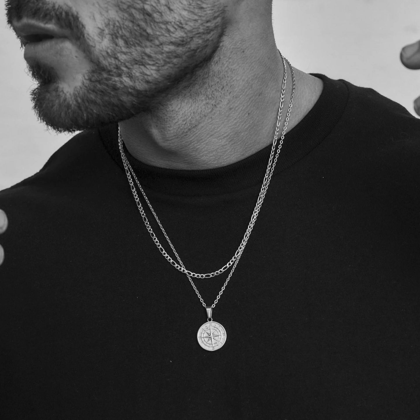 Vnox Compass Necklaces for Men, Layering Stacked Cuban Figaro Chain Necklaces, Casual Sailing Holiday Stainless Steel Boy Collar
