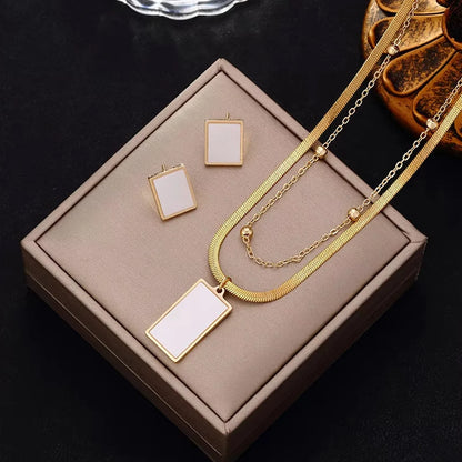 Square Pendant Necklace & Stud Earrings Set