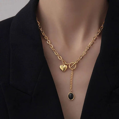 Heart Black Stone Pendant Necklace