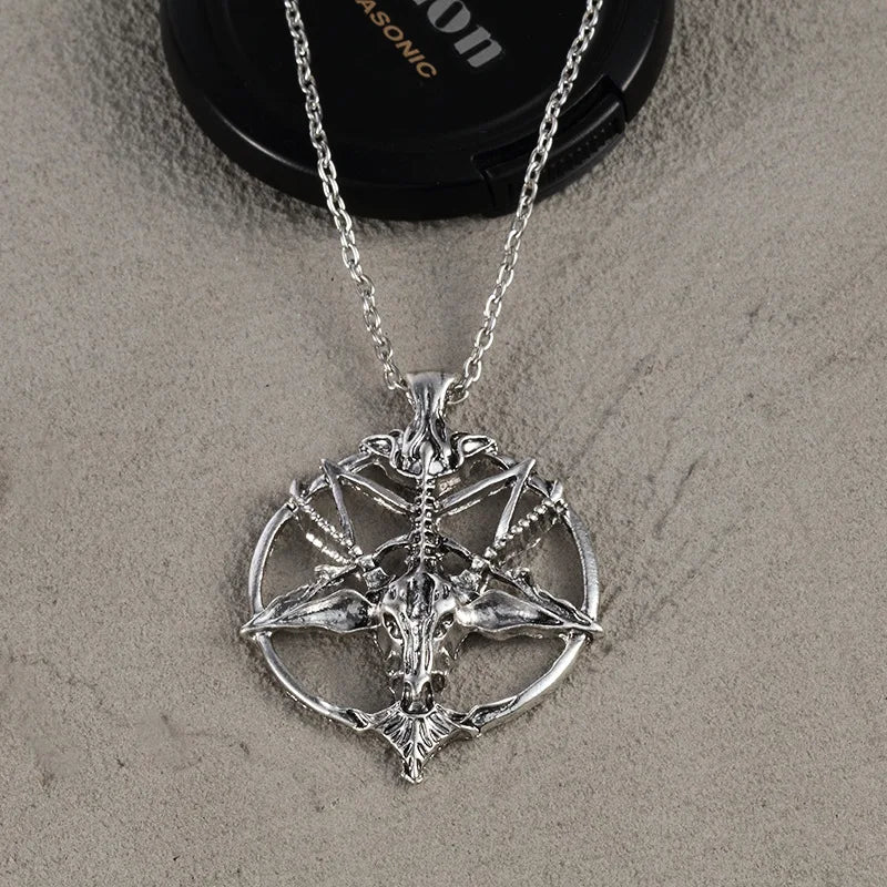 Vintage Pentagram Goat Skull Pendant Necklace