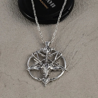 Vintage Pentagram Goat Skull Pendant Necklace