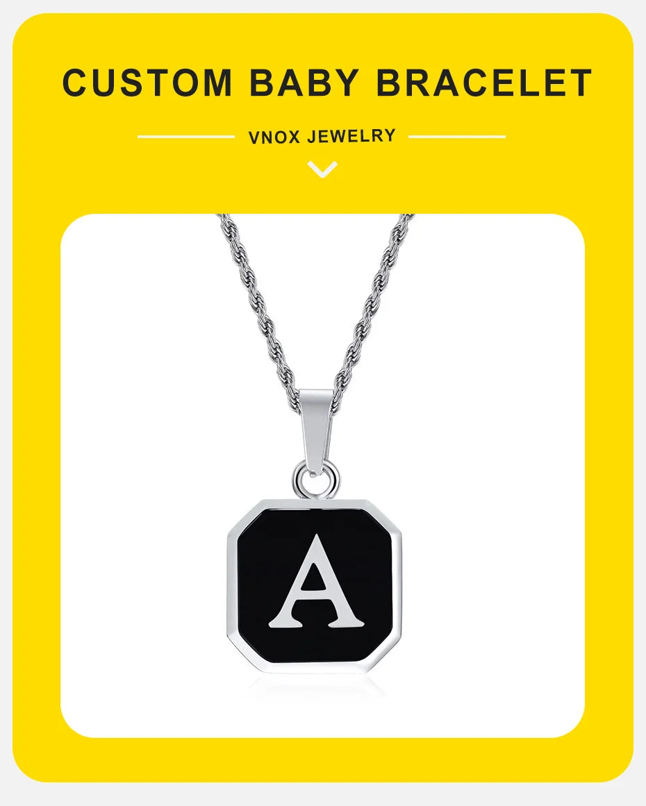 Vnox A-Z Initial Letters Men Necklaces, Geometric Pendant with Box Cuban Rope Chain, Stainless Steel Square Simple Collar