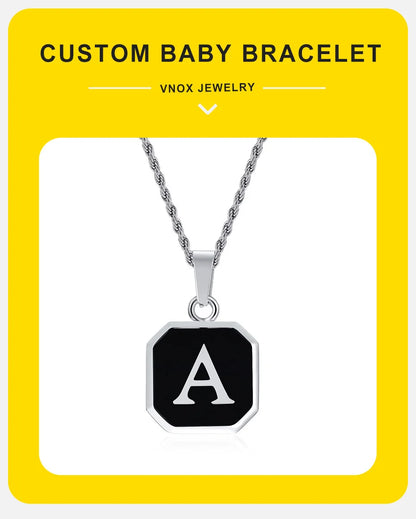 Vnox A-Z Initial Letters Men Necklaces, Geometric Pendant with Box Cuban Rope Chain, Stainless Steel Square Simple Collar