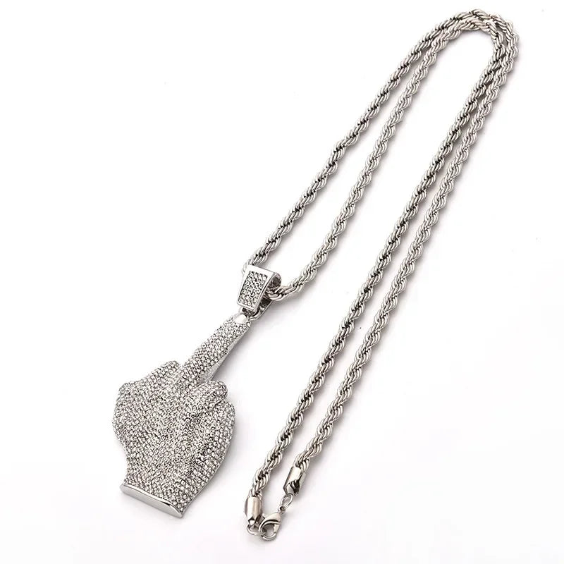Ice Out Zircon Middle Finger Pendant Necklace