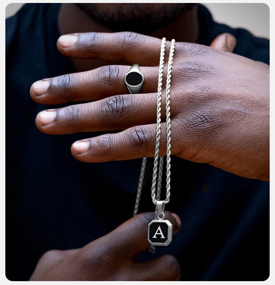 Vnox A-Z Initial Letters Men Necklaces, Geometric Pendant with Box Cuban Rope Chain, Stainless Steel Square Simple Collar