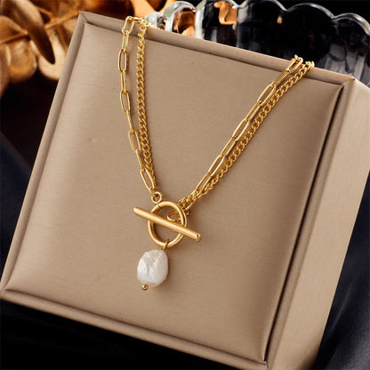 Stainless Steel Pearl Heart & Butterfly Cross Pendant Necklace