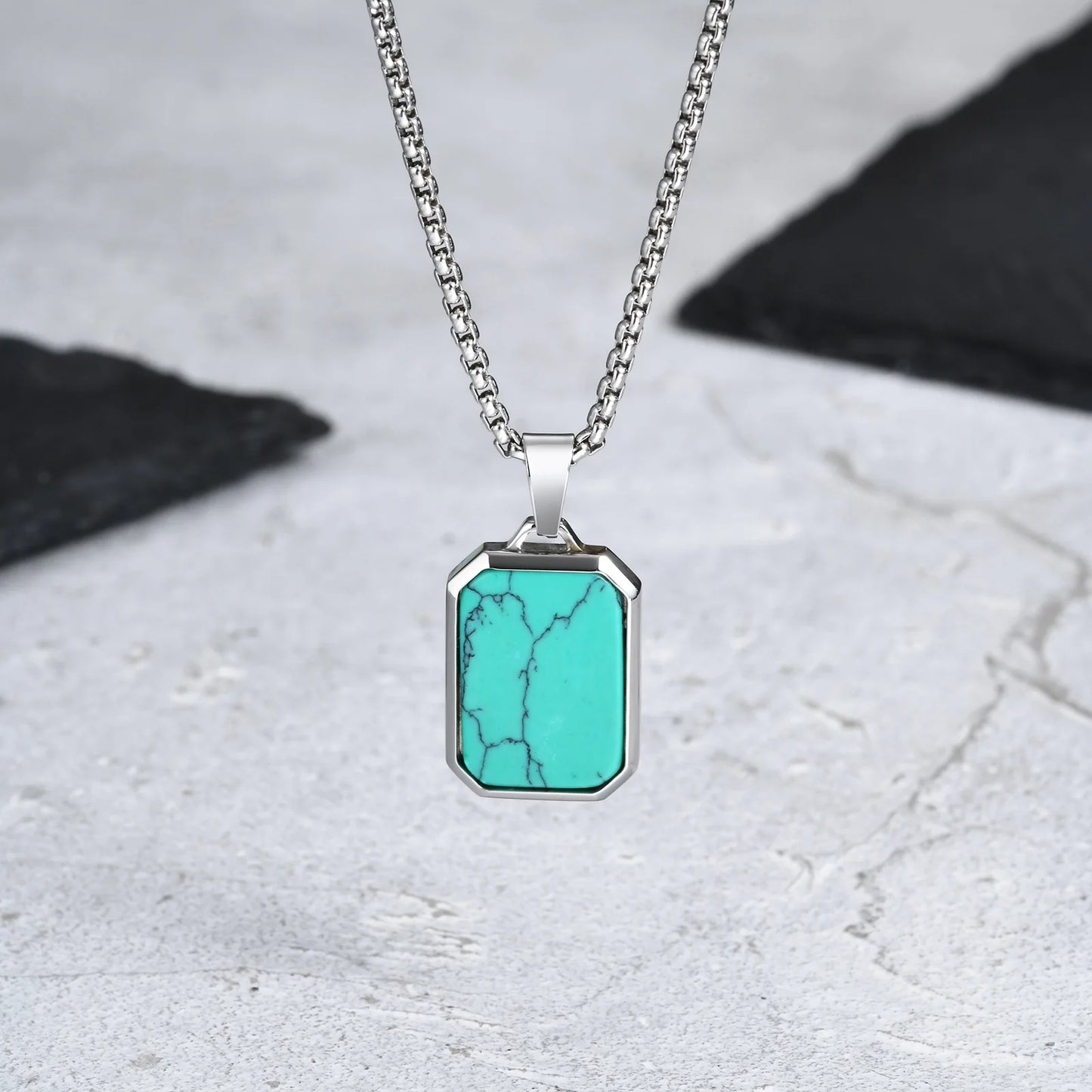 Trendy Pendant Necklaces for Men Boys,Square Natural Stone Stainless Steel Necklaces,New Hip Hop Cool Jewelry Gifts