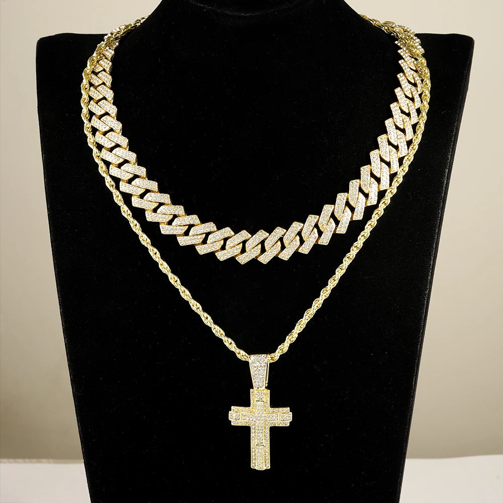 Shiny Cross Pendant Necklace with Miami Cuban Chain