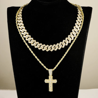 Shiny Cross Pendant Necklace with Miami Cuban Chain
