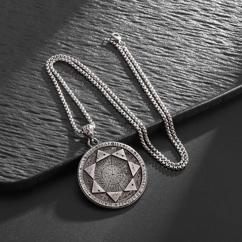 Retro Seven Angels Magic Circle Solomon\'s Seal Necklace Pendant Personalized Men\'s Punk Lucky Amulet Jewelry