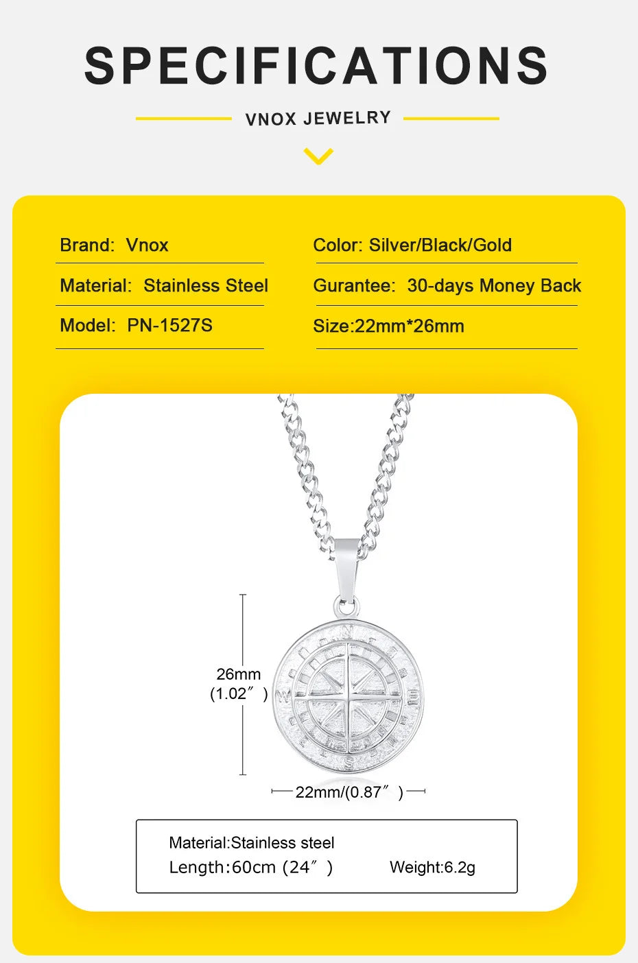 Vnox Compass Necklaces for Men, Layering Stacked Cuban Figaro Chain Necklaces, Casual Sailing Holiday Stainless Steel Boy Collar