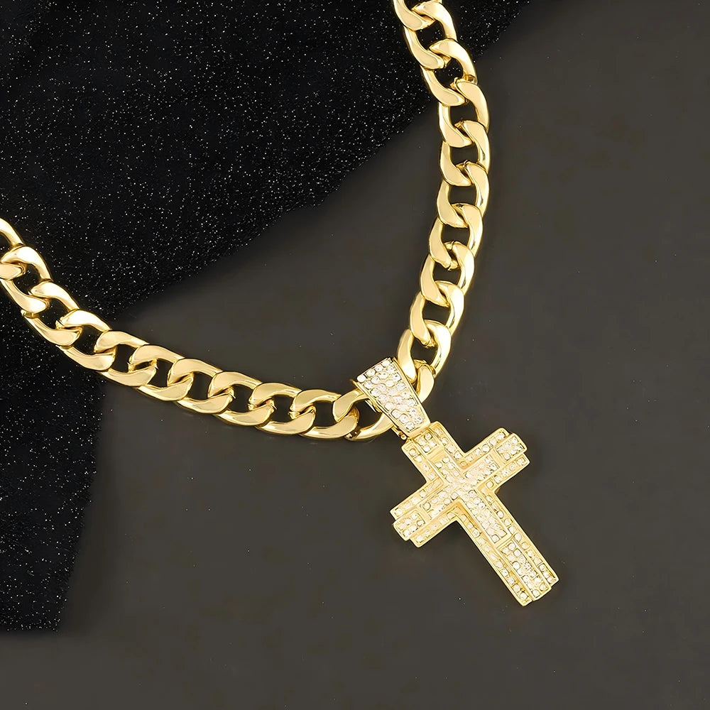 Shiny Cross Pendant Necklace with Miami Cuban Chain