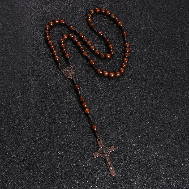 Wooden Bead Rosary Necklace