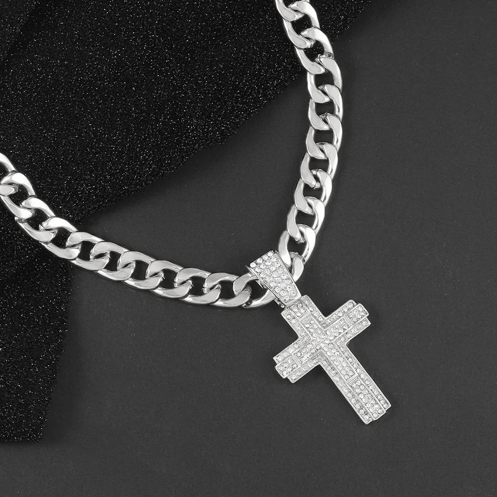 Shiny Cross Pendant Necklace with Miami Cuban Chain