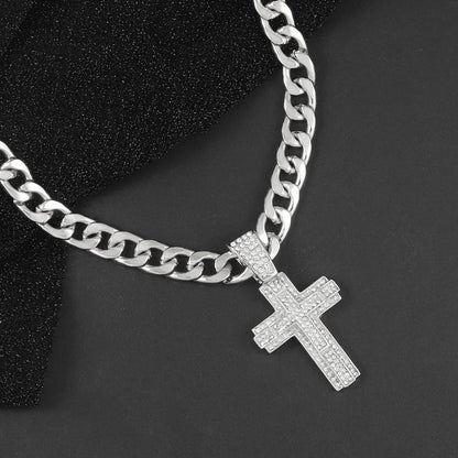 Shiny Cross Pendant Necklace with Miami Cuban Chain