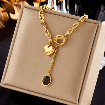 Heart Black Stone Pendant Necklace
