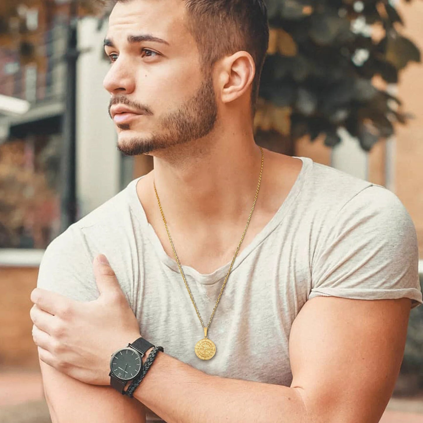 Vnox Compass Necklaces for Men, Layering Stacked Cuban Figaro Chain Necklaces, Casual Sailing Holiday Stainless Steel Boy Collar