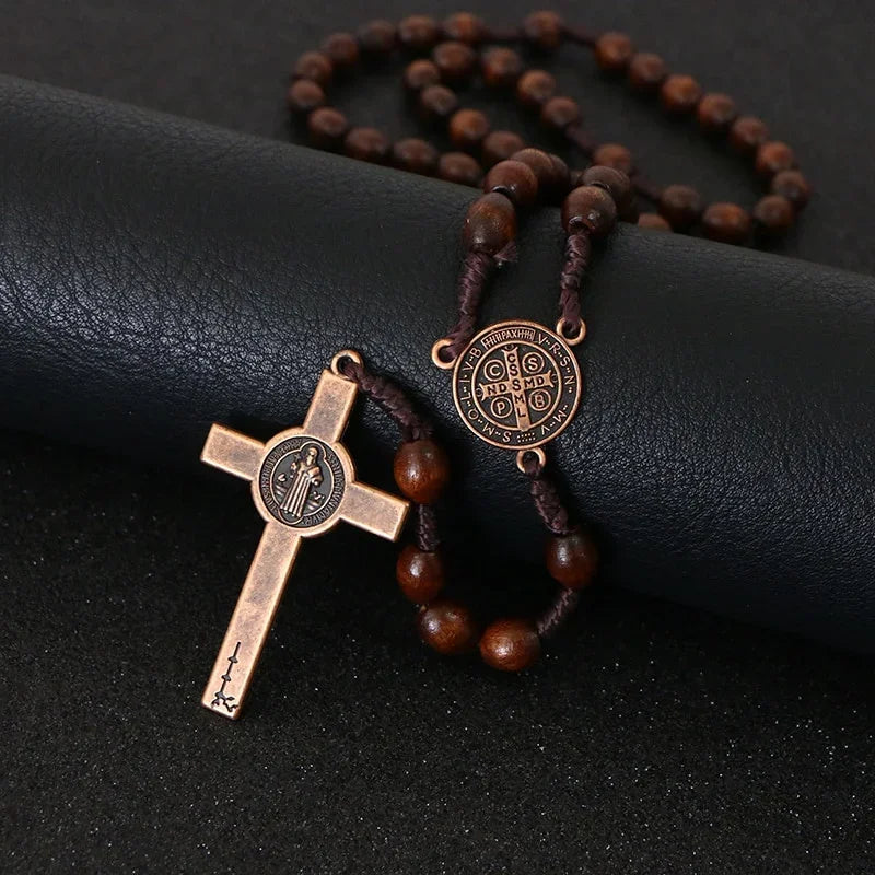 Wooden Bead Rosary Necklace