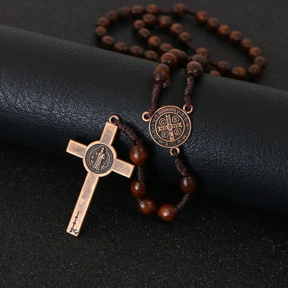 Wooden Bead Rosary Necklace