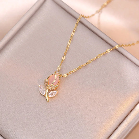 Pink Tulip Pendant Necklace