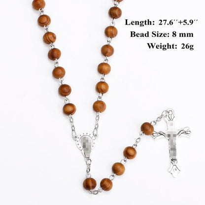 Wooden Rosary Cross Necklace
