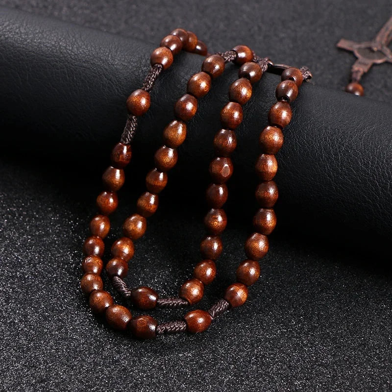 Wooden Bead Rosary Necklace