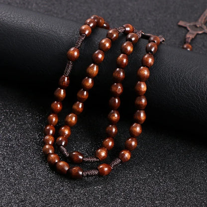 Wooden Bead Rosary Necklace