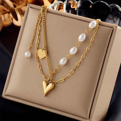 Stainless Steel Pearl Heart & Butterfly Cross Pendant Necklace