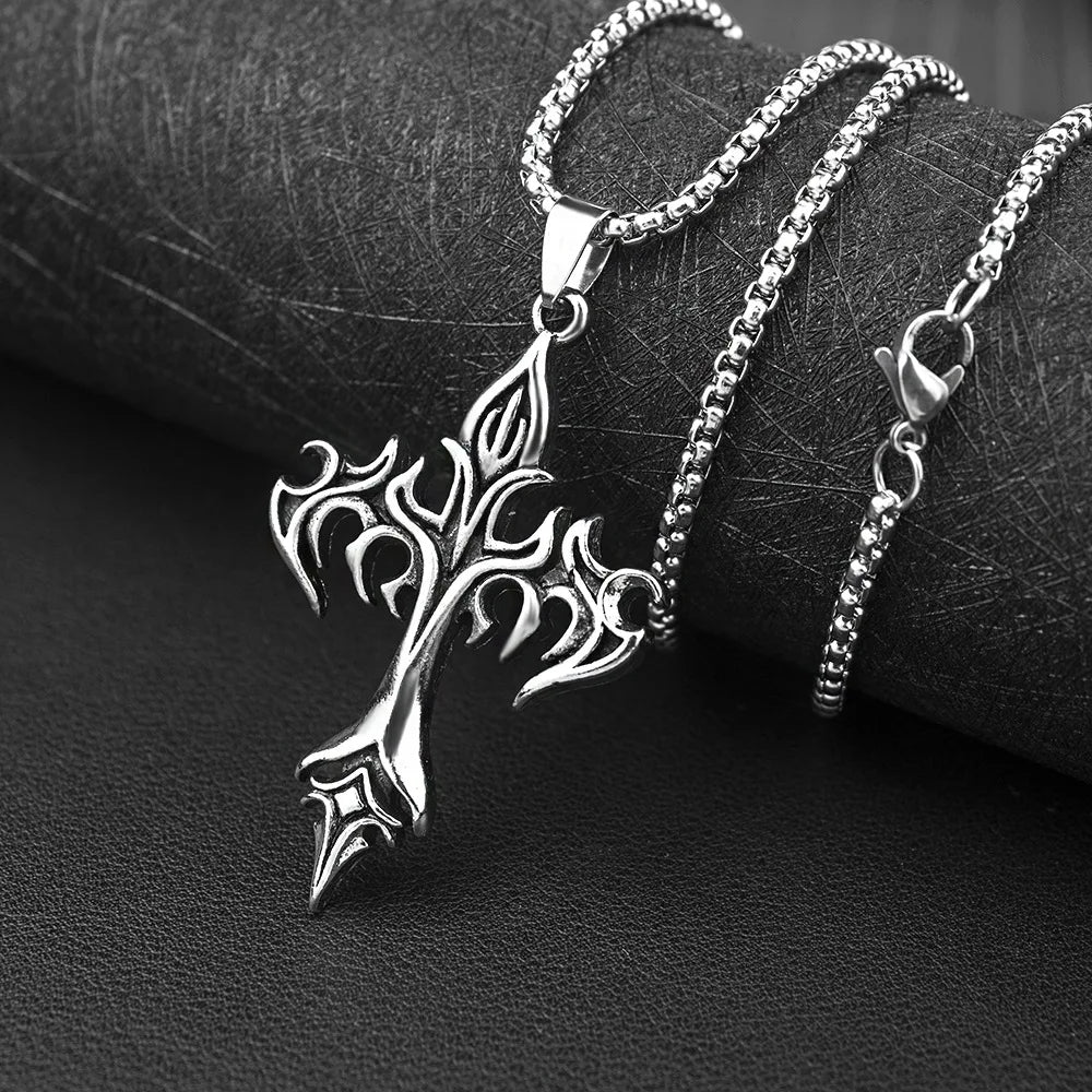 Flame Cross Pendant Necklace