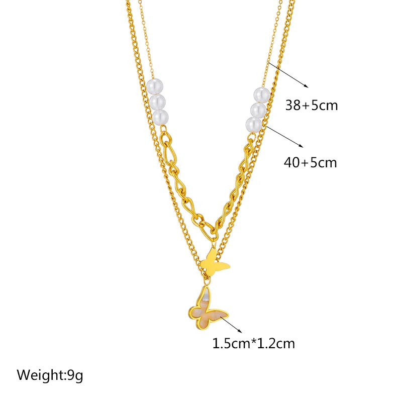 Stainless Steel Pearl Heart & Butterfly Cross Pendant Necklace