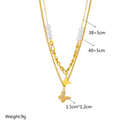 Stainless Steel Pearl Heart & Butterfly Cross Pendant Necklace