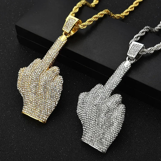 Ice Out Zircon Middle Finger Pendant Necklace